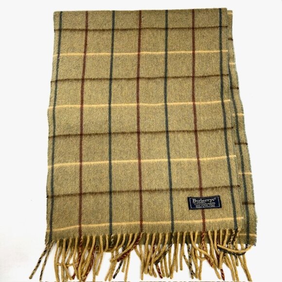 Vintage-Burberrys of London Men/Women   100% Cashmere Olive Checked  68"x12" (5 - Picture 8 of 10